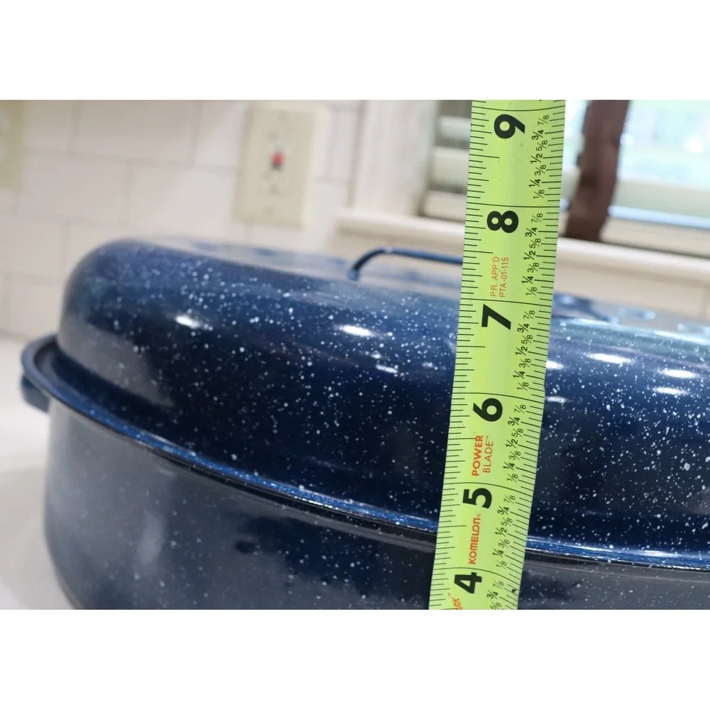Blue Speckled Enamelware Oval Roasting Pan with Lid 16 Inch Turkey Roaster
